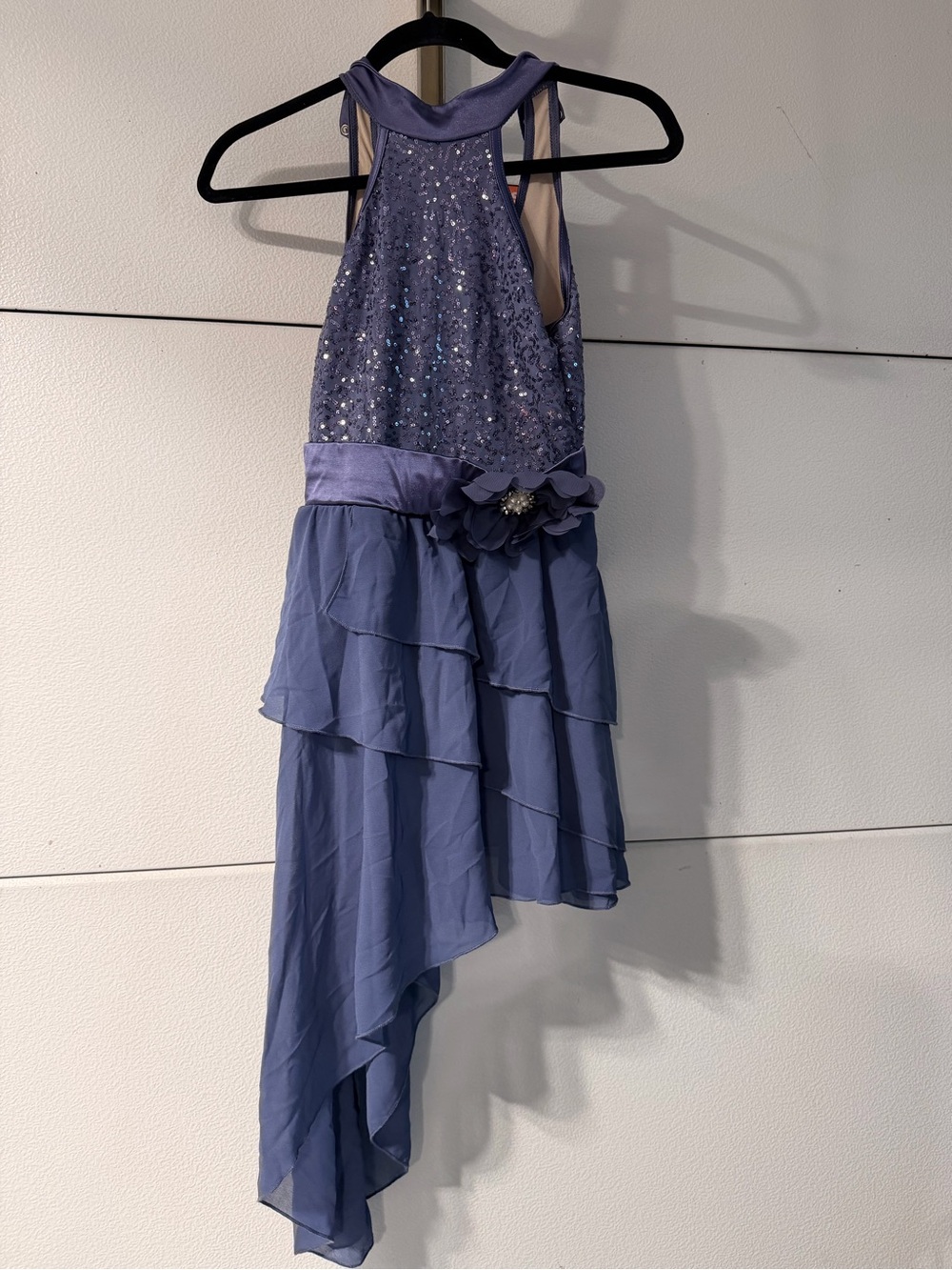 Large child. Weissman Blue Sequin Halter Tiered Asymmetric Skirt